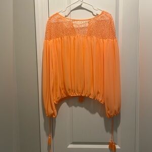 EUC Gianni Bini Neon Oranage Boho Sheer Blouse W/Tassels SZ M